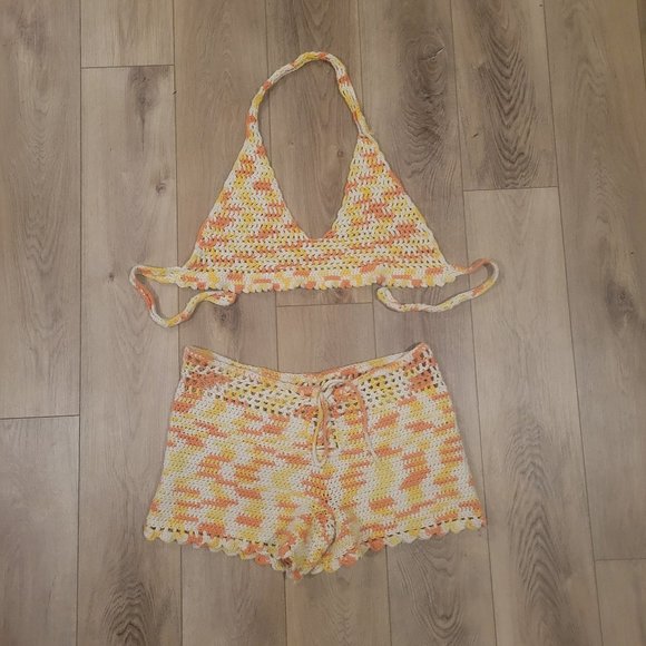 Yellow Orange White Crochet Knit Shorts and Halter Top Set - Picture 1 of 5